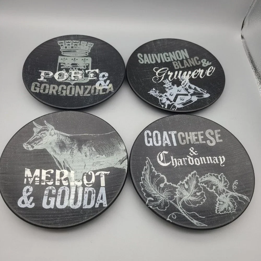 Set (4) Williams Sonoma plates Black Matte Wine & Cheese Motif Small Stoneware